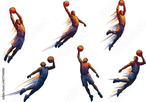 Basketball vector illustration set, slam dunk poses, motion trails, athletic silhouettes, abstract sports design, competitive action, vibrant energy artwork