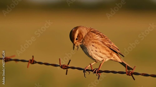 Sparrow balancing on barbed wire at sunset in cinematic slow motion