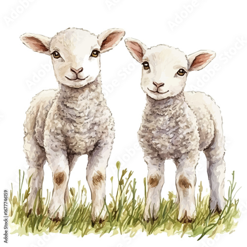 Cute Lambs Green Meadow, watercolor drawing vector, isolated on a white background.