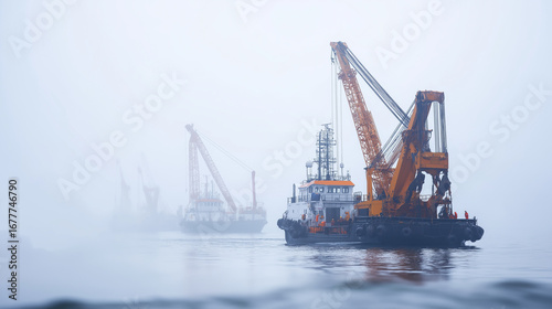 Marine salvage operation with heavy lift cranes recovering sunken vessel components specialized diving support vessels and underwater cutting equipment working in challenging