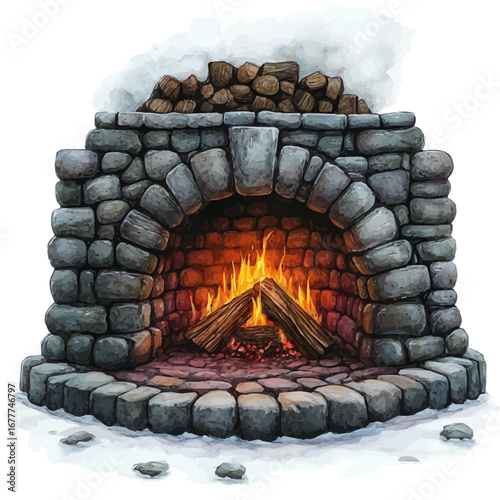 Crackling Fireplace, watercolor painting vector, isolated on a white background.