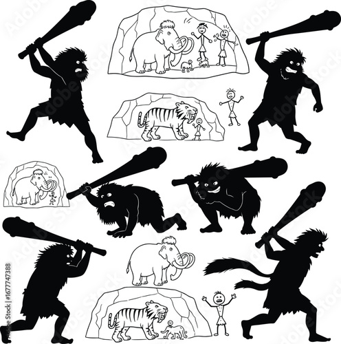 Prehistoric Cave People Silhouettes with Mammoth, Tiger, and Ancient Cave Paintings – Primitive Era Clipart and Stone Age Art