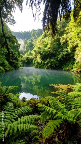Wallpaper Mural Lush rainforest pool reflecting a misty sky Torontodigital.ca