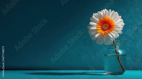   Blue tablecloth, blue wall, orange flower, glass vase