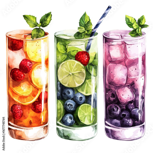 Cool Drinks, watercolor vector, isolated on a white background.