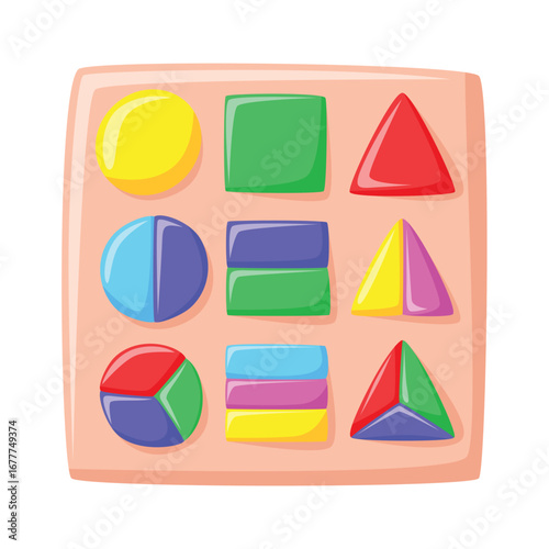 Montessori toy with colorful geometric shapes, educational board for kids, flat design.