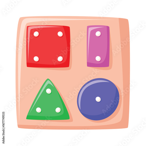 Montessori toy with colorful geometric shapes, educational board for kids, flat design.