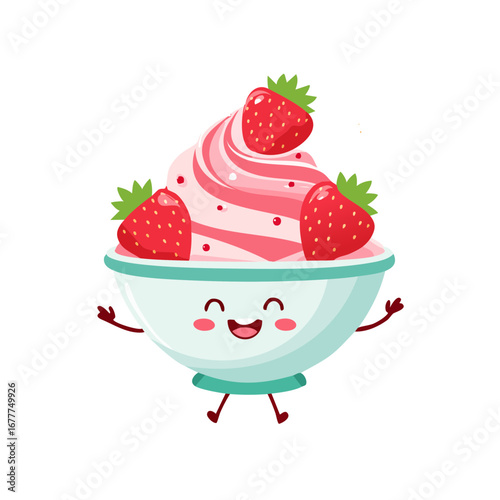 Happy Dancing Bowl of Strawberry Yogurt Character Isolated on a Transparent Background