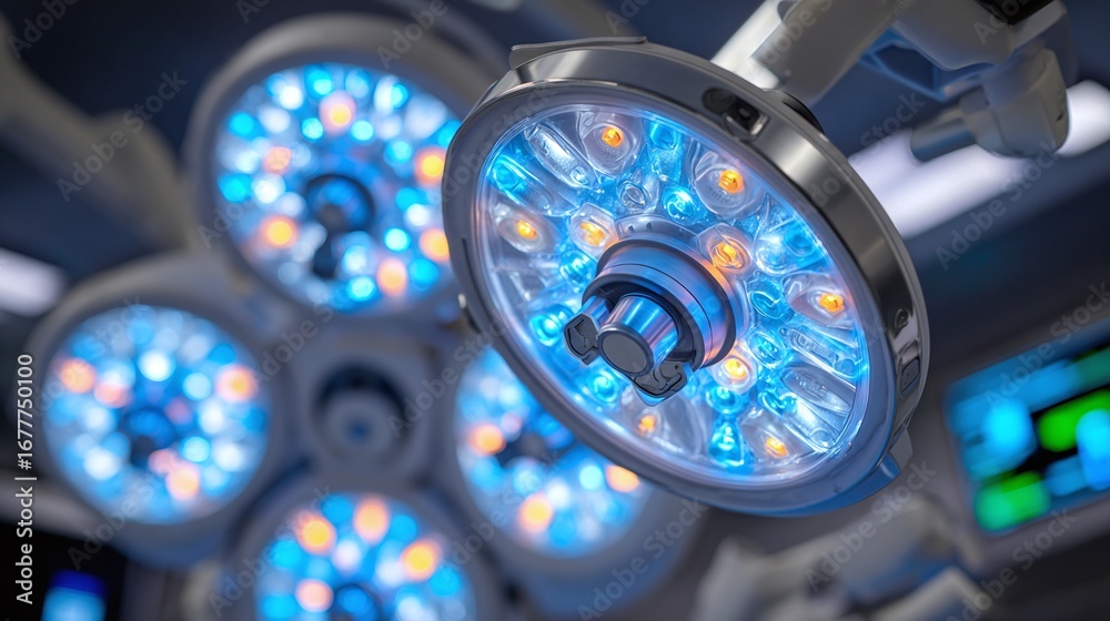 Fototapeta premium Overhead surgical lights illuminate the operating room, ensuring optimal visibility for medical procedures with advanced LED technology and adjustable settings.