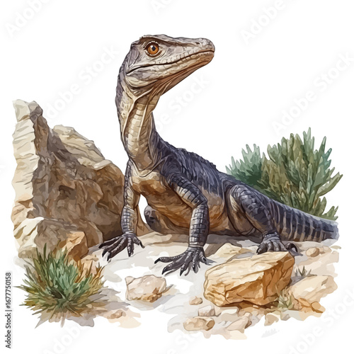 Coelophysis, watercolor vector, isolated on a white background.