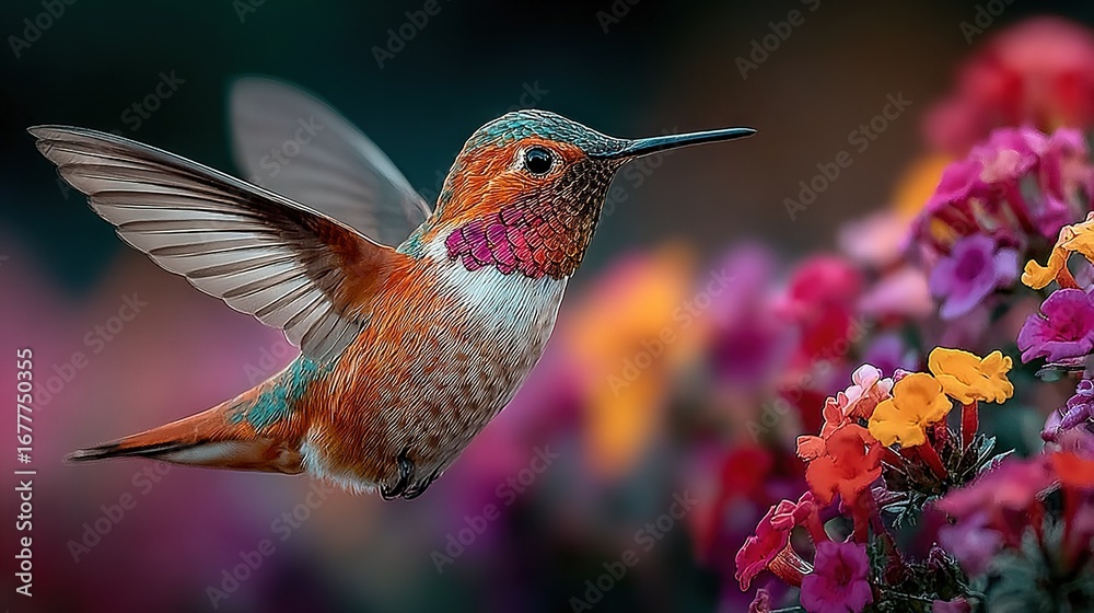 Fototapeta premium Hummingbird flying over colorful flower cluster
