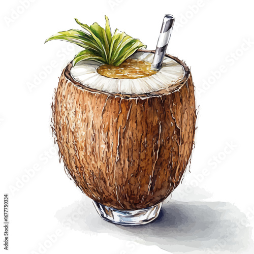 Coconut Drink Tropical Setting, watercolor illustration vector, isolated on a white background.