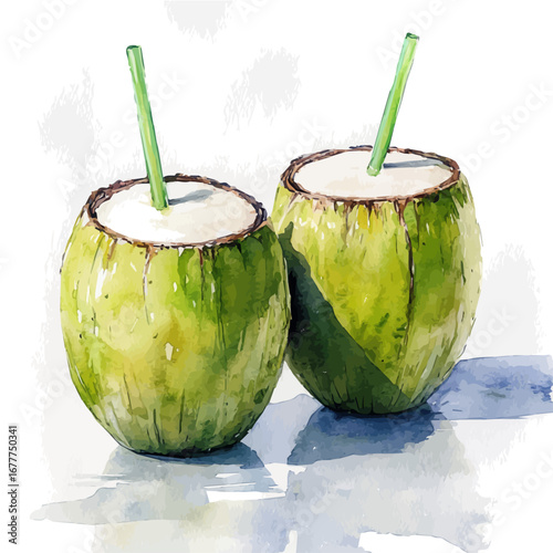 Coconut Drink Tropical Setting, watercolor clipart vector, isolated on a white background.