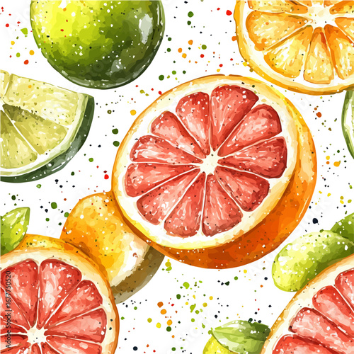 Citrus Fruit Summer Pattern, watercolor vector, isolated on a white background.