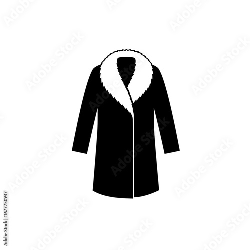 Black fur collar coat with long sleeves and open front design, vector illustration. Winter clothes for cold weather  