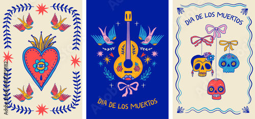 Dia de los muertos, Day of the dead, Mexican holiday, festival. Vertical cards, posters, banners in modern hand drawn style, with skulls, birds, hearts, guitar and flowers