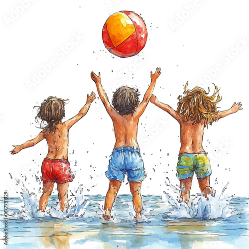 Children Playing Beach Ball, watercolor clipart vector, isolated on a white background.