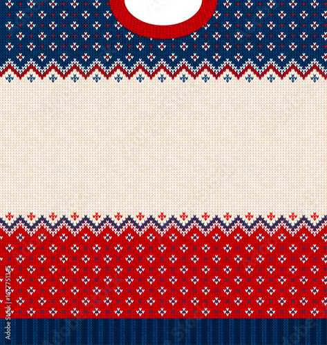Cozy Knitted Christmas Border with Snowflakes and Reindeer. Red and Blue Christmas Sweater Background Holiday Pattern. Ugly Sweater Style Invitation Template, Festive Knit Design Vector Illustration