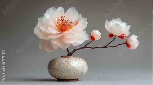   A vase with a white flower on a dark table against a white background