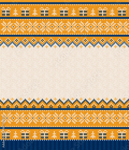 Cozy Knitted Christmas Border with Snowflakes and Gift. Yellow Blue Christmas Sweater Background Holiday Pattern. Ugly Sweater Style Invitation Template, Festive Knit Design Vector Illustration