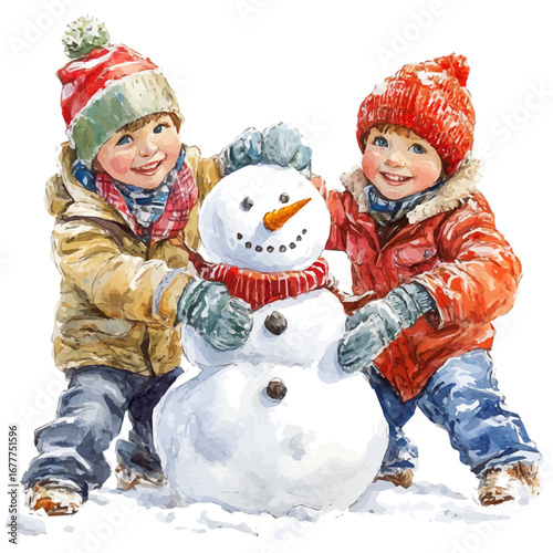 watercolor vector of Children Building Snowman, isolated on a white background.