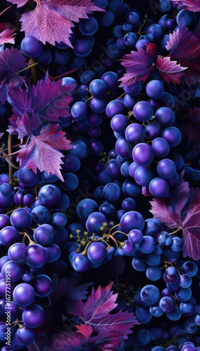 Bunch of grapes with purple leaves on black background