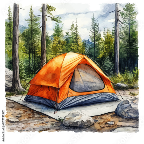 Camping Tent Summer Forest, watercolor drawing vector, isolated on a white background.
