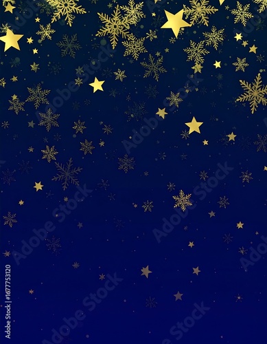Gold snowflakes and stars on a dark blue gradient background