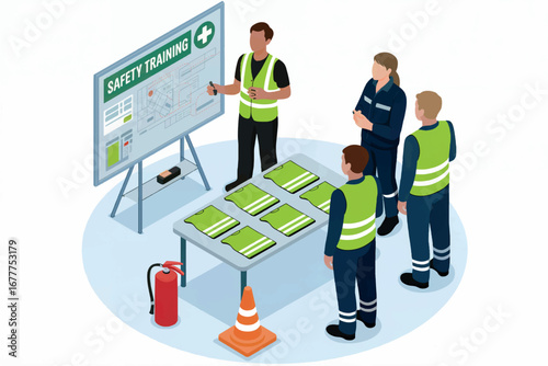 Professional team attending safety training session with presentation and materials on a table transparent background