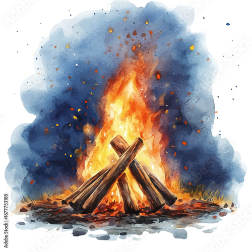 Campfire Glowing Autumn Night, watercolor painting vector, isolated on a white background.