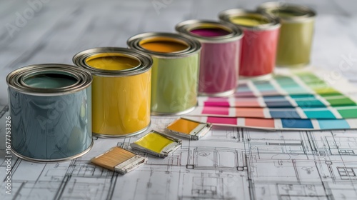 Cans of various colored paint sitting on blueprint, alongside corresponding color swatches