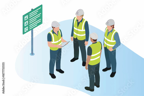 Construction crew meeting safety briefing site management team discussing plans isometric view transparent background