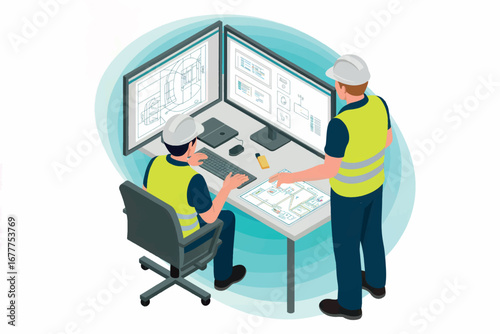Two construction workers collaborating on blueprints and computer screens in an office setting transparent background