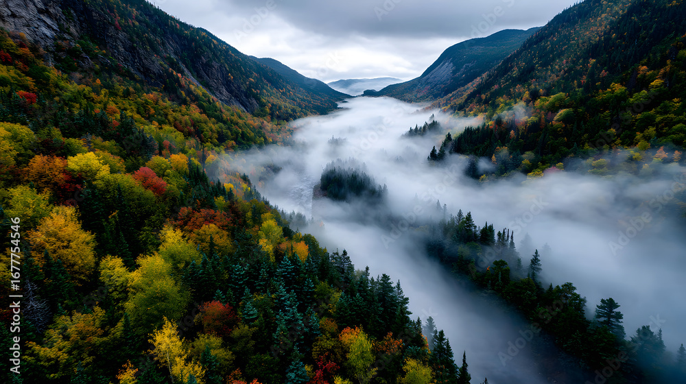 Fototapeta premium Colorful forest canopy stretches across a fog-filledautumn mountain valley.