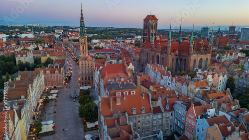 Sunrise aerial view of the city center of Gdansk, Poland