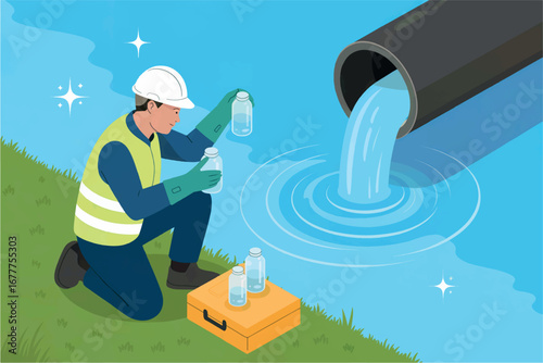 Water quality technician collecting samples from polluted stream near industrial discharge pipe transparent background