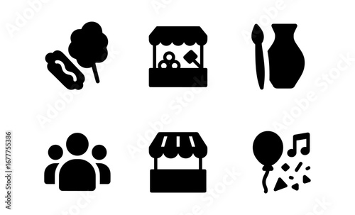Silhouette icons of carnival food, market stalls, pottery, and celebration