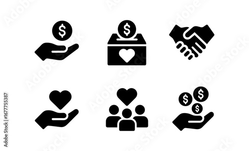 Charity and donation icons set featuring hands hearts and money
