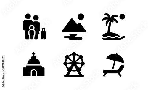 Travel and leisure icons: family, nature, and adventure symbols collection