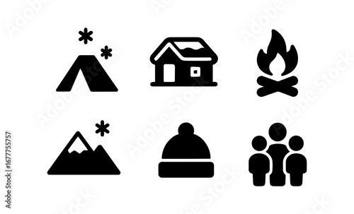 Minimalist camping icons set: tent, cabin, campfire, mountains, hat, group
