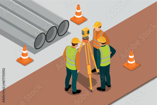 Construction surveyors using total station equipment on site with pipes and cones visualizing a building project transparent background