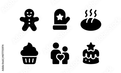Bold winter baking icons: family, gingerbread, and cozy holiday elements