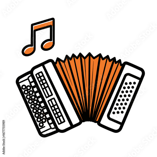 Vibrant Orange Accordion Musical Instrument with Floating Music Notes