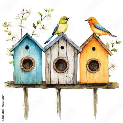 Birdhouses With Spring Blossoms, watercolor clipart vector, isolated on a white background.