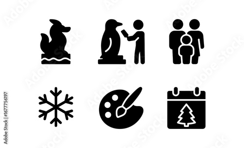 Minimalist icon set featuring animals, family, and seasonal themes in black silhouette style
