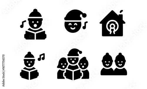 Festive carolling icons set featuring singers, house with wreath, and musical notes in simple silhouette style