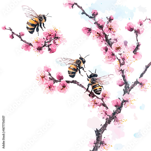 Bees Flying Spring Blossoms, watercolor illustration vector, isolated on a white background.