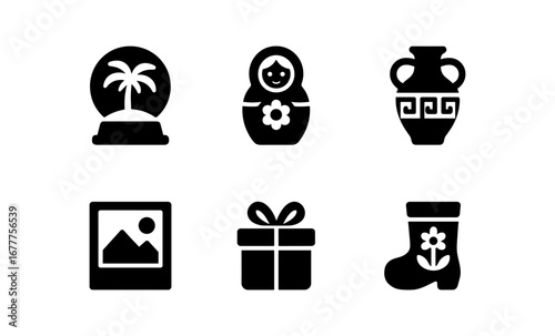 Collection of iconic symbols: snow globe, matryoshka, ancient vase, picture, gift box, floral boot