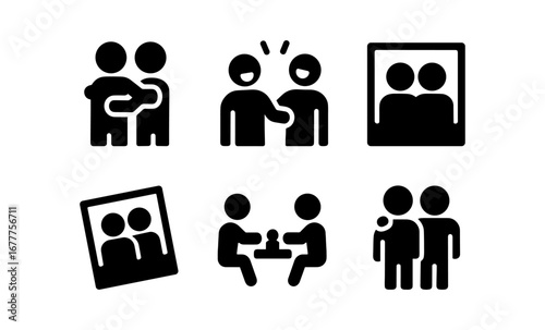 Simple icons of friendship and social interaction in minimalist black style