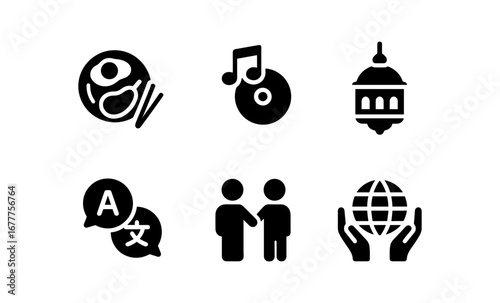 Minimalist icons: cuisine, music, lantern, translation, collaboration, global care